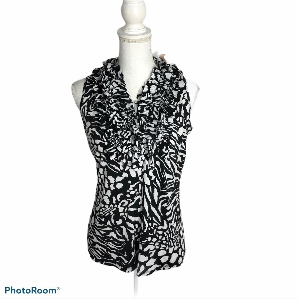Dressbarn Ruffles Neck Top NWT Small Black White